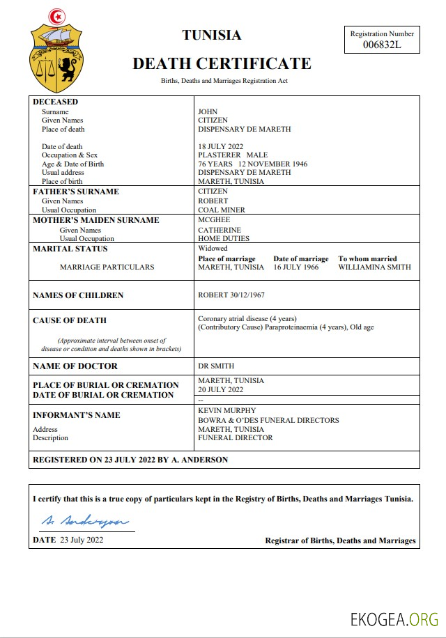 Modèle Word et PDF de certificat de décès de l'état civil tunisien